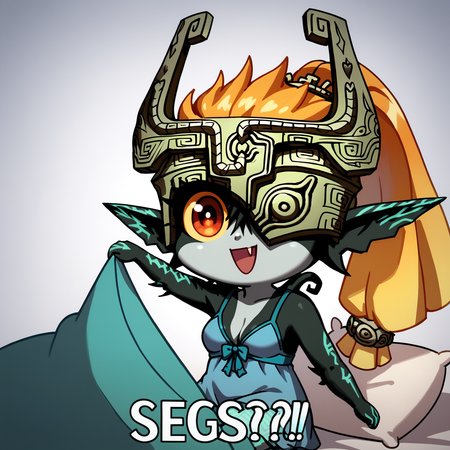score_9, score_8_up, score_7_up, rating_safe, <lora:Smooth Anime Style LoRA XL:0.8>, <lora:Realistic_2.5DAnime_Merge1:0.5>,
1 girl, solo, cute,  (imp midna:1), big head, (covered eye:1.2), yellow sclera, long eyelashes, long ponytail, nightie, medium breasts, cleavage, <lora:Seggs_XLPD:1>, seggs, chibi, open mouth, smile, english text,