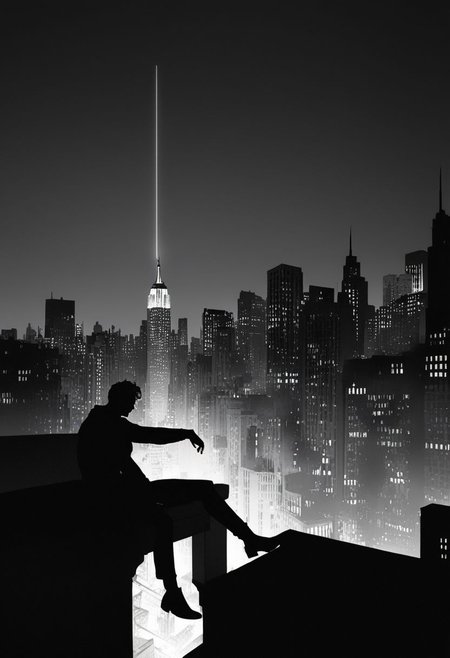 (best quality, masterpiece, colorful, dynamic angle, highest detailed)  
 Superman sitting on the roof looking at the city New York, feel the daggers in the dark, depression, alone, monochrome, pop of colors, extremely detailed, paranoid, mood, you make me feel fucking sad
