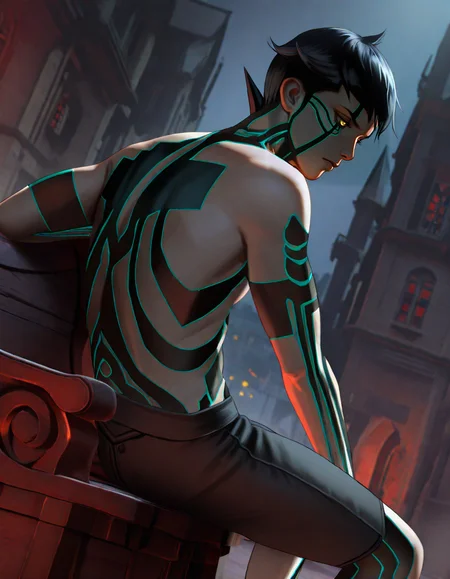 Masterpiece, hires, realistic, detailed face and eyes, ultra quality, cel-shaded, sharp lines, dry shading, Beautiful background, houses, street city,   <lora:Shin_Megami_Tensei_III_Demi-Fiend:1> 1boy , solo, demi-fiend, dynamic pose, walking, fury, dutch angle, yellow eye, night, darkness, inde temple, neon ancient writings, sitting on throne
