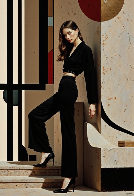 A stunning oil painting inspired by Piet Mondrian’s bold modernism and Tamara de Lempicka’s refined elegance, portraying a young woman with long, straight dark brown hair cascading gracefully over her shoulders, perfectly framing her fair complexion. The backdrop features bold black-and-white vertical stripes in a geometric pattern, creating a dynamic interplay of shapes and contrasts. She is dressed in a sharply tailored ensemble of matching black-and-white stripes—a long-sleeved blouse and fitted pants—blending seamlessly with the background while retaining a distinct elegance. Leaning lightly against the wall with her left hand and resting her right hand on her hip, she exudes poise and confidence. Her serene expression, captured in a downward gaze, is rendered with exquisite detail, highlighting her quiet intensity. A vivid red lipstick introduces a striking pop of color, artfully breaking the monochromatic palette. High-heeled black shoes elongate her silhouette, adding to the sleek, modern aesthetic. Subtle studio lighting creates delicate shadows and highlights, enhancing the depth and texture of her ensemble and accentuating the high-contrast black-and-white design. This composition radiates sophistication, blending bold geometric abstraction with timeless elegance, capturing the perfect balance of modernist artistry and classical beauty. HD, 8K quality, ultra-detailed, masterpiece artwork, flawless anatomy.