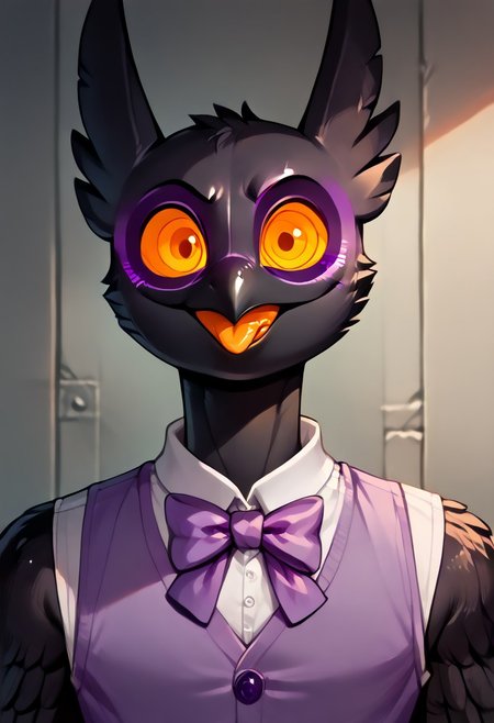 Barnaby, 1boy, yellow eyes, orange sclera, black body, long neck, feathers, bird feet, winged arms, bird tail, black beak, purple vest, sleeveless, purple bowtie, orange tongue, avian, furry, anthro, ghost, owl, spirit, digitigrade, no humans, no pants, perfect body, solo, (insanely detailed, beautiful detailed face, masterpiece, cinematic lighting, detailed hands, detailed face, best quality), (sharp), score_9_up, score_8_up, score_7_up, score_6_up, highest quality, 8K, RAW photo, source_anime, perfect face, perfect hands, upper body