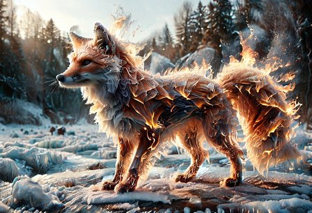 1c3_w1n73r, f1r3, <lora:Varos_-_Fire_Style:0.75> <lora:Varos_-_Ice_Style:0.75> <lora:StS_PonyXL_Detail_Slider_v1.4_iteration_3:0.8> (score_9, score_8_up, score_7_up:1), majestic, (fox made of fire and ice, winter:1.45), elaborate, (ultra realistic:1), (masterpiece, translucent:1.2), best quality, intricate, extremely detailed, detailed background, masterpiece, best quality, highly detailed, sharp focus, hyper-detailed, safe_pos