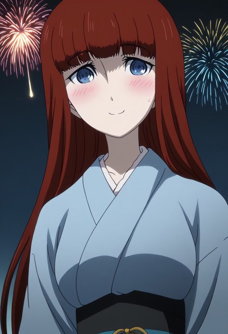 rating_safe, Ultra-high-detailed Anime illustration of Kagari Shiina from Anime Steins;Gate 0. 
The artwork features Kagari in a solo, standing position with a outdoors, flield, and night background. night time. night. stars.
She is depicted with intricate details showcasing her large breasts, natural_breasts. She is a white skinned, 22 years old woman. Kagari is looking_at_viewer with perfect_eyes, Her pupils are highly detailed. The eyes are open. blue eyes. Kagari's eyes are highlighted. Highlighted eyevrows. 
She has long hair, red colored hair, styled in blunt bangs and floating hair.
She is wearing a blue kimono and black shoes. japanese kimono, kimono.
The artistic style is intricate_details_xl with a focus on Anime art. The color palette emphasizes red and black with detailed strokes to bring out the character's features. The lighting creates dramatic shadows and highlights, adding depth to the artwork. The perspective is from a face focus, dutch angle to enhance the impact of the character's expression. This masterpiece is a true portrayal of Kagari's complex personality and will captivate any fan of Kagari. uncensored, upper body, blushing, smile, Kagari Shiina,
perfecteyes,
<lora:Steins_Gate:1>
kimono
happy new year!, Happy New Year fireworks, Happy New Years, golden colored fireworks