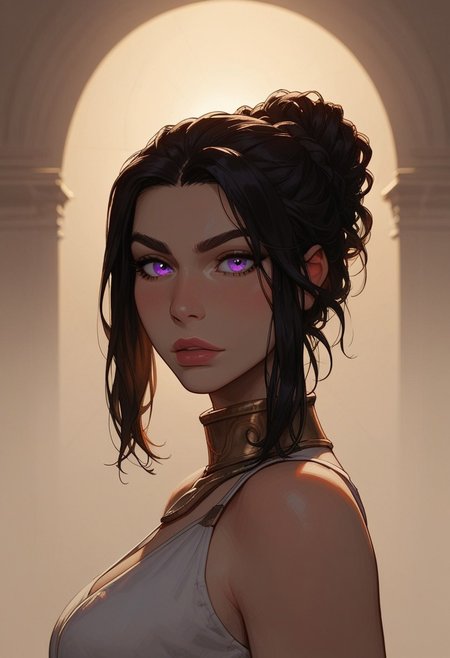 (score_9, score_8_up, score_7_up). ( line work, excellent drawing, highest quality, extremely detailed:1.2). 1woman, milf, Greek Goddess Nemesis, villain, perfect face, beautiful violet eyes, dark hair, red streaks, long lashes, split eyebrow, glossy lips, seductive expression, femdom, dynamic angle, side view, ancient greek dress, g0thicPXL, romantic, cinematic lighting, volumetric lighting, source_cartoon, statuesque,