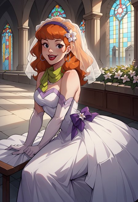 score_9, score_8_up,score_7_up, source_anime,1girl, solo,<lora:EPsbdDaphne:1>,  EPsbdDaphne, orange hair, long hair, black eyes, purple hairband, green scarf, 
 hoop earrings, red lips,  bride, wedding dress, bridal veil, white dress, hair ornament, white flower, pearl necklace, indoors, church, pillar, bush, sitting, from side, arm support, elbow gloves, white gloves, long dress, jewelry, arch, smile, open mouth