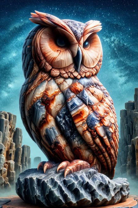 hyper realistic, a giant owl with celestial patterns on its feathers, perched on an ancient stone monument under a starry night sky, mystical and serene atmosphere, soft moonlight  
,<lora:PetrifiedWood_SDXL:01.85> Petrified Wood
 <lora:aidma-Image Upgrader-v0.1:0.45> max details,