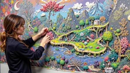 a woman creating a image using IA beautiful  landscape, noon, woman, very intricate, very detailed, sharp, bright, colorful, <lora:Hand v2:0.5> <lora:Anti-Blur:1><lora:Insane Detail Slider:0.25>  <lora:flux.1_lora_flyway_Epic-detail_v2:0.3><lora:fluxenhancer:0.25> <lora:neon-graffiti-punk-flux:1> mad-grfftpnk