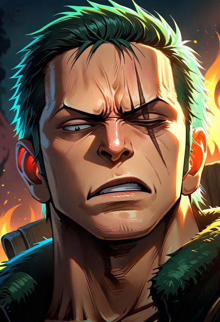 masterpiece, best quality, newest, absurdres, highres, Warbringersstyle-V1.0, male focus, 1boy, Zoro /(one piece/), green hair, one closed eye, one eye open, scar over eye,