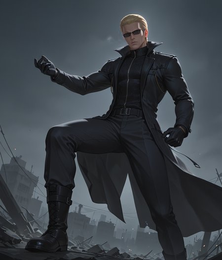 PonyScores7, source_anime, ah1
BREAK <lora:albertwesker-guy-PONYv1:0.8> albertwesker, albert wesker, 1boy, blonde, black gloves, (sunglasses:1.3), belt, black coat, black pants, looking at viewer, toned, athletic, fit, slicked back hair, black turtleneck, zipper, mature male, short hair, black boots, (tyrannical autocrat, imposing with a military uniform and a decree of oppression), (in the cursed lands, in skeletal-ruins , at dusk), (focused, intense glare, apathetic, contemptuous), (reddish orange eyes, slit pupils), (angular face, sharp_featured face), handsome, charming, alluring
BREAK <lora:xl_more_art-full_v1:0.2>, <lora:shinyskin2:0.2> glistening skin, <lora:aesthetic_anime_v1s:0.2>, <lora:Expressive_H:0.2> Expressiveh, <lora:hairdetailpxl:0.2> hairdetailpxl, <lora:EpicF4nta5yXL:0.2>, <lora:detailxl:0.2> detailxl, <lora:Fant5yP0ny:0.2>, best quality, amazing quality, best aesthetic, absurdres, <lora:expressive eyes:0.2> expressive eyes, <lora:eyedetailpxl:0.2> eyedetailpxl, illustration, Volumetric_Lighting, ultra-detailed, very aesthetic, intricate details, 8k, masterpiece, best_quality
BREAK (Eye-level angle view medium Distance shot)
BREAK <lora:Eyes_High_Definition:0.3> EyesHD, Stable_Yogis_PDXL_Positives, AS-Adult, <lora:Complicated fantasy portrait - XL Pony V2.0:0.4>, bad-hands-5, AS-MidAged, <lora:HDA_Detailer:0.2>