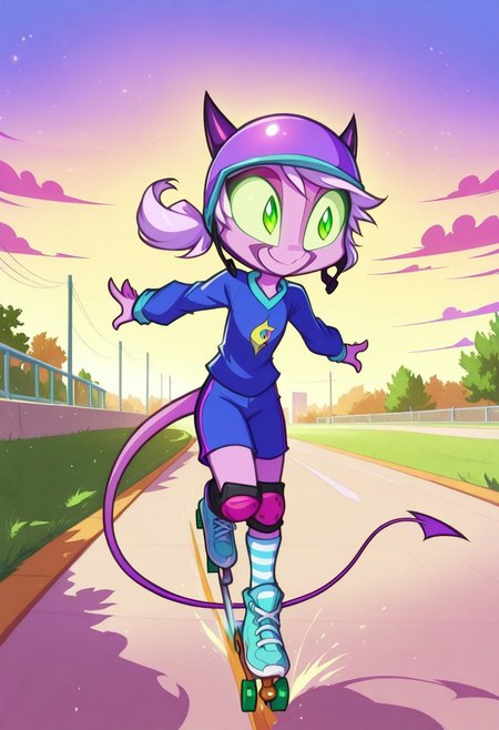 Dreamkeepers,1girl,Prelude_Namah,solo,demon tail, green eyes, horns, 
child, kid, 
roller_skates, park_path, helmet, knee_pads, smile, movement, sunset, outdoor, windblown_hair, striped_socks, sneakers, determination, roller skating on a park path at sunset