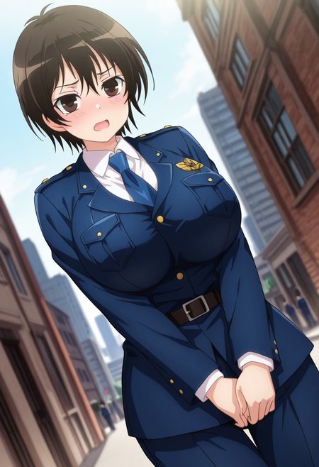 general,highres, ultra-detailed,very aesthetic,best quality ,best hands,best eyes,easynegative,
dynamic anglre, dutch angle, anime cloring,
1girl solo,looking at viewer,city,embarrassed, open mouth, 
Saki Asamiya,black_hair, short_hair, brown_eyes, huge_breasts,police uniform,