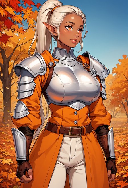score_9, score_8_up, score_7_up, score_6_up, score_5_up, score_4_up, ANIMEShader, beautiful elven woman, (dark skin:1.3), long white hair in a ponytail, small cute button nose, soft round chin, detailed orange eyes, bright orange eyes, high definition eyes, detailed eyes, elf ears, huge breasts, orange dress, long sleeves, armor, shoulder pads, breastplate, belt, fingerless gloves, white pants, brown boots, autumn, blue sky,