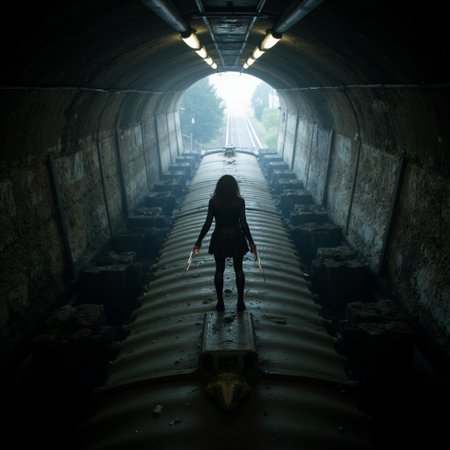 Selene the Deathbringer is shooting silver bullets at attacking Lycan werewolves while fighting on the roof of a subway wagon driving through a tunnel. the light is hazy and bright in the dark claustrophobic tunnel, giving an eerie and suspendful scene
