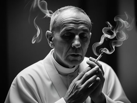 this black and white photo was shot on Kodak Tri-X 400 monochrome film with a Nikon F2 SLR camera and a Nikkor f/1.4 50mm lens, aperture f/1.4, shutter speed 1/60s, ISO 400. In a dimly lit confessional, a priest is depicted with a lustful expression as he sensually draws on his cigarette, the tendrils of smoke swirling and enveloping the room.