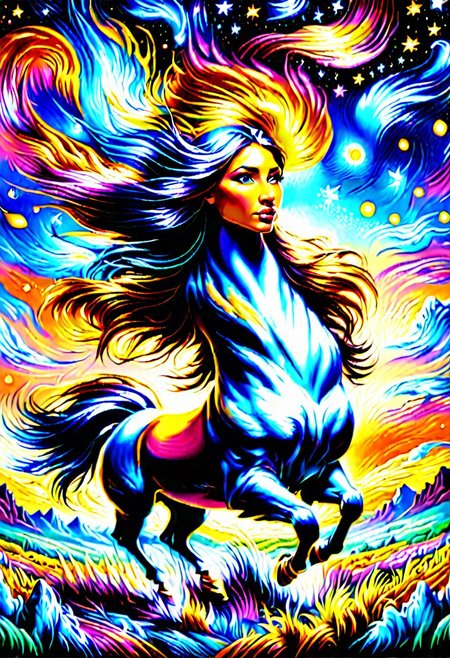 A masterpiece oil painting in the style of Lawrence Alma, depicting a very beautiful Indian woman with feathers in her hair and bright native ornaments, with a spear in her hands, riding a black horse with a long mane, galloping across the plain. The woman's hair and the horse's mane are fluttering in the wind, two beautiful white wolves with rather long hair are running with them, an eagle flies close above them and in line with them, the front view is a very beautiful landscape. And it is magnificent from the plains of America, a very beautiful sunset, bright and mesmerizing colors, untouched nature, a beautiful horizon with a large sunset in the background and several very small clouds against the background of a large orange sunset, 16:9 , without frame, 8k, a masterpiece,
Modifiers:
Nikon D850 is trending on Artstation, clear focus, elegant award-winning photography, complex oil portrait on 8k canvas, masterpiece photorealistic, very attractive, beautiful wallpaper, fantastic view, hyperrealistic, over-detailed, high resolution, clear quality, colorful hdr, very cute professional photo shoot, ultra-realistic, epic symmetry, bright colors, three-dimensional image without frame, academic art, high-octane rendering 16:9, Ultra-wide resolution 16K UHD. HDR perfect body proportions, delicate facial features, animals in motion, a powerful sense of feminine energy, small details in the animal's body, the effect of strong wind and very high speed Lawrence Alma sharp edge