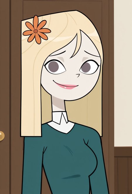 masterpiece,best quality,amazing quality, 1girl, solo, Lake_DC_IL, pale skin, dark gray eyes, pink lips, orange flower on hair, light blonde hair, shoulder length hair, straight hair, dark teal sweater, white under shirt, looking at viewer, indoors, room background, (portrait) happy, smile, standing, no pupils (closed mouth)