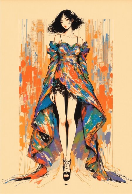 inksketch,  A slender, long-legged Japanese woman adopts an unusual, eccentric pose reminiscent of the iconic poses of characters from Hirohiko Araki famous manga JoJo's Bizarre Adventure. Her pose demonstrates the model's boldness and confidence, exaggerated angles and dynamic artistic taste. The image conveys the model's elegance and uniqueness by combining fashion and anime aesthetics, making it both vibrant and avant-garde.The beige background is filled with a holographic grid of patterned figures, drawn in warm colors, with an autumnal atmosphere