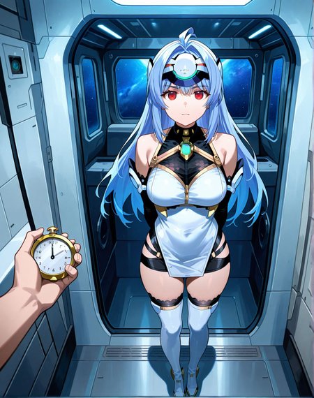 <lora:add-detail-xl:0.5>,,masterpiece,best quality,anime coloring,anime screenshot,
<lora:Female_Android:1>Female_AndroidV1,
1girl, 1boy, expressionless, standing, 
pov hand holding ,full body, arms behind back,  
The android’s movement has stopped,
instantly freezing the female android in place,
Female Android, expressionless,front view,
Female Humanoid Robot,stop watch, 
Motion-stopping controller,
kos-mos ver. 4, 
xenoblade chronicles 3, official art, 
inside a high-tech spaceship cabin, metallic walls, control consoles, space outside the window
20YO, milf,