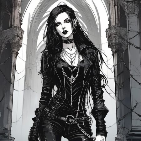 inkpunk style illustration of a beautiful woman wearing black leather and chains, black long hair, gothic, alluring, standing in a cathedral, <lora:IPXL_v2:0.5>