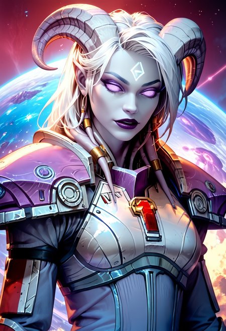 (absurdres, best quality, masterpiece:1.4), score_9, score_8_up, score_7_up, score_6_up, detailed, detailed body, detailed face, world of warcraft, fantasy, <lora:add-detail-xl:1.5>, 
fFaceDetail, SkinDetail, fFaceDetail, (female, draenei, h0rns, ram horns, white horns, tall, pale white skin, long white hair, purple eyes, no pupils, no sclera),
n7 armor, 
alone, upper body, 
spaceship interior background