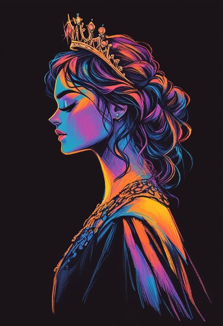 score_9, score_8_up, score_7_up, score_6_up, aesthetic, s1_dram, ncpy13 style, pastels drawing, deep black background,  Using deep blue, gold and black colors create A beautiful young woman dressed as the queen of darkness sits on a throne made entirely of skulls. She's wearing a flowing black dress with gold accents and has a crown made of tiny bats perched atop her head. Her partner, a tall, lean man dressed as Dracula, stands behind her in the shadows. The style is a dark fantasy setting, upperbody portrait, elegant, intricate details.