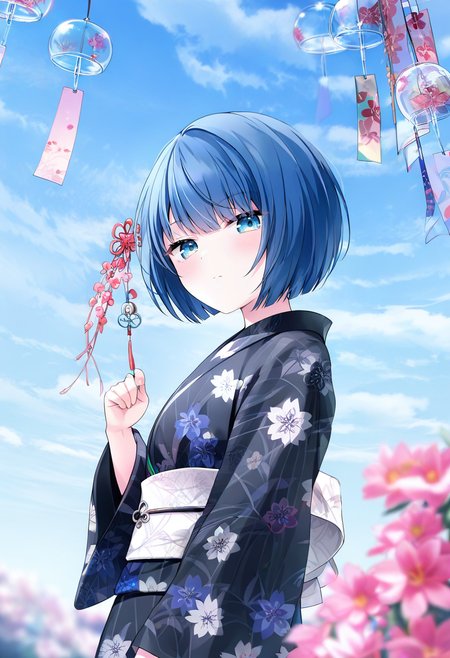 1girl,kiritani haruka,project sekai,black kimono,blue eyes,blue hair,blue sky,blurry,blush,cloud,depth of field,expressionless,floral print,floral print kimono,from side,holding wind chime,japanese clothes,kimono,looking to the side,obi,sash,short hair,sidelocks,sky,solo,too many,wind chime,dutch angle,looking at viewer,tsurime,flower knot,cloudy sky,blunt bangs,from below,hair ornament,arm at side,outdoors,closed mouth,blue kimono,yukata,holding,day,too many flowers,print kimono,white sash,hand up,wide sleeve,long sleeves,bob cut,blunt ends,upper body <lora:caoXL_NBVP1_lokr_V6311PZ:0.95>