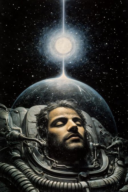juangimenez1 illustration. 
A dark background filled with stars. In the foreground, a man inside a transparent space helmet. His eyes are closed, suggesting rest or meditation. The helmet includes intricate designs like tubes and communication devices. Above the figure, a bright, glowing celestial body emits light rays upward into the dark sky. <lora:juangimenez1_cap_d8a4e12:1.0><lora:857652900317389179:0>