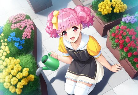 masterpiece,best quality,amazing quality,very aesthetic,absurdres,newest,scenery,<lora:Suzuki Miho_doukyuusei re_ilxl_v1-000009:1>,1girl, pink hair, solo, yellow shirt, thighhighs, flower, apron, smile, yellow bow, open mouth, hair bow, bow, :d, red flower, shirt, white thighhighs, twintails, black apron, short sleeves, watering can, red eyes, skirt, collarbone, zettai ryouiki, looking at viewer, from above, rose, holding, white skirt, yellow flower, miniskirt, red rose, frills, squatting, blue flower, pink flower, kneeling, dutch angle, suzuki miho\(doukyuusei re\)