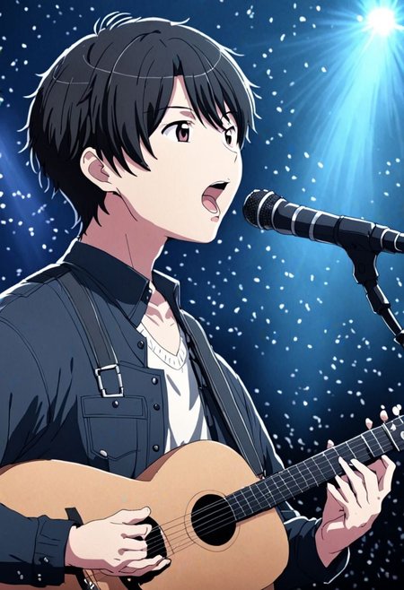 high resolution, solo, best quality, 1Boy, Inaho Kaizuka, Black Hair, singing, portrait, dept of field, virtual concert, playing musical instrument, OverallDetail