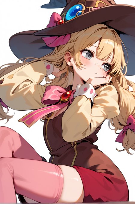 score_9, score_8_up, score_7_up, very aesthetic, source_anime, detailed,
simple background,
looking away, holding own hair, blush, embarassed, 
<lora:beryl_autismConfetti_v02:0.99>berylBase, freckles, hair ribbon, blonde hair, grey eyes, long hair,  brown witch hat,
puffy sleeves, wide sleeves, long sleeves, yellow shirt, red shorts, pink ribbon,  pink thighhighs,, zPDXL