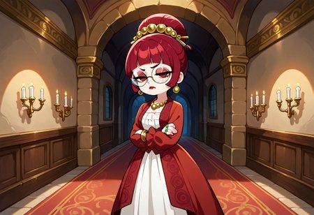 solo, 1girl, red hair, red eyes, round eyewear, round glasses, shortstack, red victorian dress, hime cut, sidelocks, blunt bangs, single hairbun, mature female, milf, medium breasts, petite, puffy sleeves, long sleeves, red lipstick, pantaloons, jewelry, bracelet, necklace, earrings, rings, long skirt, frills, standing, looking at viewer, annoyed, irritated, half closed eyes, arms crossed, belt
indoors, castle hallway, candleabra, soft lighting,