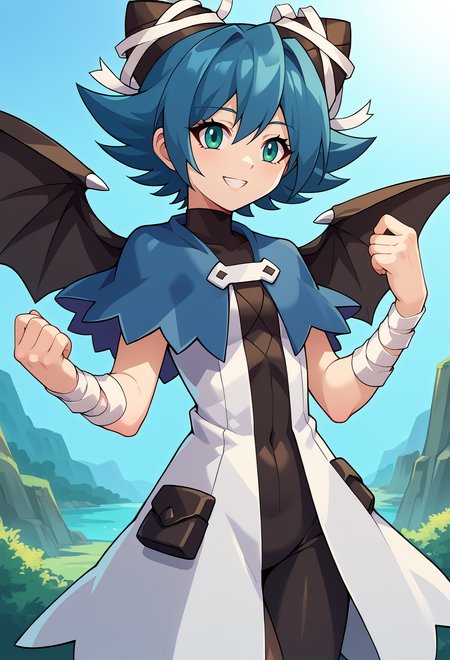 score_9, score_7_up, source_anime, BREAK   <lora:GunvoltMain:1> Azure Striker Gunvolt(Main), solo, <lora:Serene-Pony150per16Dim:1> serene_riviera, short_hair, blue_capelet, wings, white_coat, black_bodysuit, black_headwear, bandages, std_outfit, smile