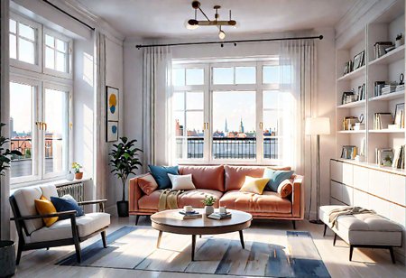 ((front view)), Shallow scene, ((animation style)), modern-style interior, with white walls, (large windows), Nordic-style furniture, a  study, Sofa, coffee table, bookcase, single wall, 
warm light morning sun, (the view of the city)