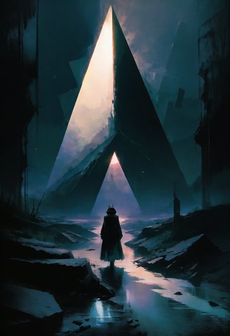 Dystopian style , an ethereal lone shadow in the depths of a desolate wasteland, liminal fog, circles, triangle, geometric shapes, (ethereal, gradient wisps, grainy texture, 96YOTTEA). abstract geometric gradients. <lora:96YOTTEA style for AWDXL2:1>
holographic colors, stunning background. dark and moody, a mesmerizing blend of light and shadow. masterpiece, absurdres, intricate details . Bleak, post-apocalyptic, somber, dramatic, highly detailed