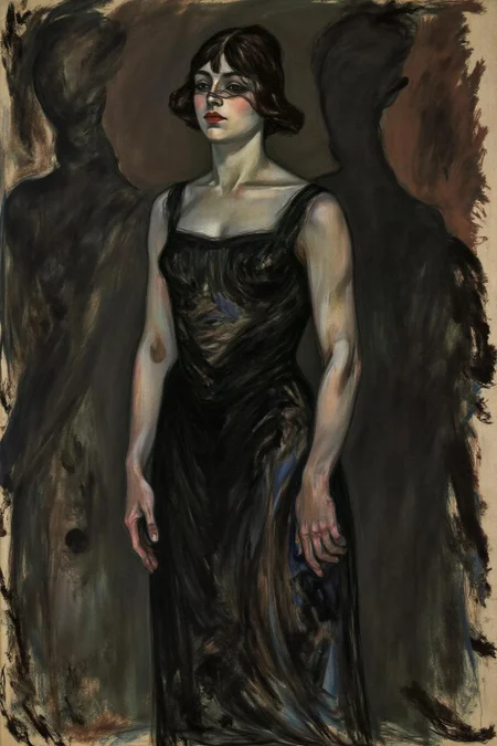 lautrec1 painting
This image is a painting, likely created in an Expressionist style, showcasing a woman standing in a dramatic, somewhat abstract setting. The woman, positioned centrally, is depicted with a serene, almost melancholic expression. She wears a dark, form-fitting dress that appears to be black, with subtle, swirling patterns suggesting a blend of dark and light hues. Her face is pale and her hair is styled in a loose, dark bob, partially obscuring her eyes with a veil or headpiece. She stands with her arms hanging loosely by her sides, her posture slightly bent forward. <lora:lautrec4_nocap_d6a3:1.0><lora:813632892530993911:0>