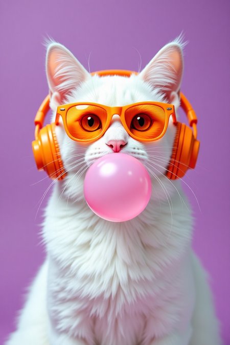 White cat wearing Safety orange sunglasses and headphones, blowing a bubble gum bubble on a purple background, in a playful and whimsical style. High-resolution, high-quarlty, with detailed texture of the fur. Portrait photography with bright studio lighting and soft shadows, using an f/2 lens for sharpness. The image has a predominance of Safety orange hues for contrast.