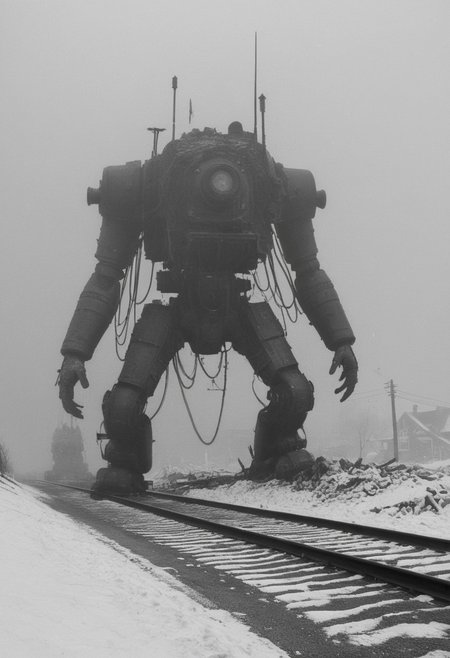 monochrome, photo, old photo,blurry, low quality, old photo defects, world war 1, steam punk technology, automatons, battlefield, destroyed city,rubble, collapsed buildings, snow, winter, fires, artillery, Thick fog, strange shaped robots moving in the distance,large robots, large automatons marching along, antenna, wires, consistent design,looking at viewer, scary,  damaged robots, trench warfare, no mans land, large robots,(( art style of simon stalenhag))
