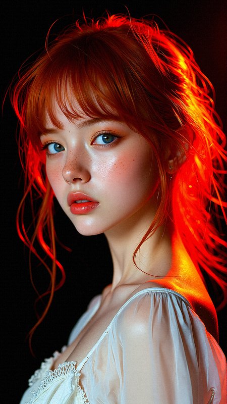 A cinematic 3/4 portrait of a young woman with radiant, tousled auburn hair glowing under an intense red-orange backlight. Her strikingly pale complexion is freckled, and her soft yet confident expression adds depth to her personality. The background fades into darkness, emphasizing the warmth of the light reflecting off her hair and softly grazing her white, lacy attire. Fine details like individual strands of hair, faint beads of moisture on her skin, and the texture of her fabric are rendered with lifelike precision, creating an immersive, dramatic atmosphere.







































