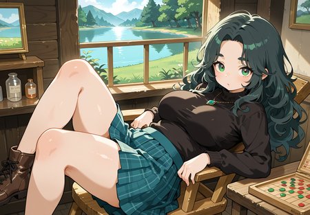 PonyScores7, source_anime, ah1, <lora:natsumi_style:0.5>, <lora:by_usakun-pony:0.4> by usakun, <lora:Akina_Bbw_Style_-_PonyXL:0.2> AkinBw
BREAK 1girl, (curly hair), long hair, (black hair:1.5), mature female, (parted hair:1.7), (round face:1.2), (thick eyebrows:1.2), (curvy), round-chin, (greenish brown eyes:1.4), (colorful eyes), (multicolored eyes), caucasian, (downturned eyes:1.2), (plump face), messy hair, <lora:Round_face:0.1>, <lora:ETO_OCPonyXL:0.5> eto_oc, skindentation, (plump:1.1), thick thighs, wide hips, busty, voluptuous, kinky curls, lips, <lora:venus body PonyXL:0.4>,  (Ecstatic), (sitting on a stool, one leg draped over the side, leaning back with arms resting behind), (Lakeside Cabin, Tranquil retreat with a stone fireplace, a worn leather sofa facing a large picture window overlooking the lake, a wooden rocking chair with a hand-knit blanket draped over it, a shelf filled with board games, a pile of firewood stacked neatly beside the hearth), looking at viewer, (ultramarine blue plaid skirt, black turtleneck, ankle boots)
BREAK <lora:xl_more_art-full_v1:0.2>, <lora:shinyskin2:0.2> glistening skin, <lora:aesthetic_anime_v1s:0.2>, <lora:Expressive_H:0.2> Expressiveh, <lora:hairdetailpxl:0.2> hairdetailpxl, <lora:EpicF4nta5yXL:0.2>, <lora:detailxl:0.2> detailxl, <lora:Fant5yP0ny:0.2>, best quality, amazing quality, best aesthetic, absurdres, <lora:expressive eyes:0.2> expressive eyes, <lora:eyedetailpxl:0.2> eyedetailpxl, illustration, Volumetric_Lighting, ultra-detailed, very aesthetic, intricate details, 8k, masterpiece, best_quality 
BREAK (Aerial view medium Close shot, focus on chest) 
BREAK <lora:Eyes_High_Definition:0.3> EyesHD, Stable_Yogis_PDXL_Positives, AS-Adult, <lora:Complicated fantasy portrait - XL Pony V2.0:0.4>, bad-hands-5, <lora:HDA_Detailer:0.2>, HDA_FatGirlXL,