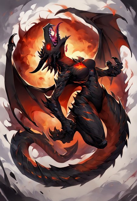score_9, score_8_up, score_7_up, (Style-Volumetric:1.3), (4k quality, masterpiece, high resolution, more details),  Floating, hanging in the air,, realistic, realistic anatomy, dark aura, 1 girl, female, female dragon, anthropomorphic dragon, dragon's head, full body, hyper realistic dragon head, spiked crest on the head, in full growth, hovering in the air, a dynamic pose, wearing black armor with a gold pattern, big black demonic wings on his back, black scales, predatory fiery red eyes, detailed eyes, vertical pupil, narrow pupil, black tears, four black horns on the head, (medium breast, natural breast), scales in cracks, (head tilt), head tilted back, shaft head tilt, open mouth, abstract background, glowing eyes, fangs, grin, tongue out, snake tongue, gloomy colors, dark aura, horror, a view from afar,