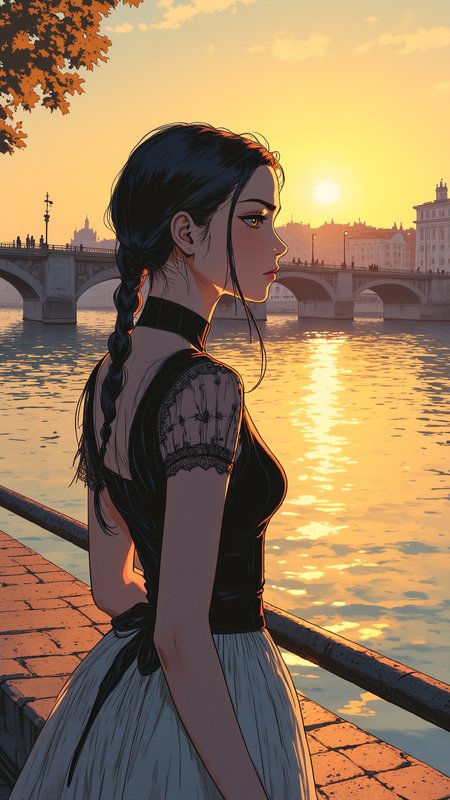 Niji_anime, High-resolution anime-style illustration with impressionistic influences, upper body shot of a young woman standing on a quiet riverside promenade, golden sunlight reflecting off the gentle waves. She wears a refined black-and-white dress with delicate lace details, high collar, and a cinched waist, its elegant fabric swaying lightly in the breeze. Her long, dark hair is intricately braided, a few loose strands catching the warm glow of the setting sun. Her amber eyes gaze thoughtfully at an old stone bridge in the distance, where the silhouettes of cyclists and pedestrians pass under the evening sky. Soft painterly brushstrokes blend warm earth tones with delicate pastels, evoking a serene and nostalgic atmosphere <lora:Comic_Style_-_FLUX:0.6> <lora:Niji_anime_style_flux:0.8>