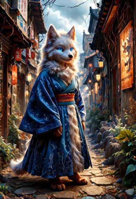 score_9, score_8_up, score_7_up, score_6_up, Realistic, highres, sharp background, super high resolution, 8k, photo, anthro, detailed fur, high res, detailed background, detailed face, detailed mouth, beautiful detailed  blue eyes, glowing neon eyes, ((tall furry)), looking at the viewer, skinny, small breasts, (full body whole), ral-fluff, full-length, sly smile, fluffy collar, ((tall girl)), shy expression, blue purple spots on body, neon fur, japanese city, sakura, white fur, white fox, katana, ((big dressed in furs kimono)), katana sword in hands, lightning, stormy weather, sword swing