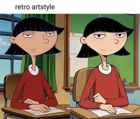 score_9_up,score_8_up,score_7_up,score_6_up,score_5_up,score_4_up BREAK rhonda,1girl,solo,retro artstyle,black hair, black eyes, bob cut, blunt bangs,upper body,red sweater, upper body,desk,classroom, indoors, sitting,serious, looking at viewer,flat chest, chair   <lora:RhondaPony:1>