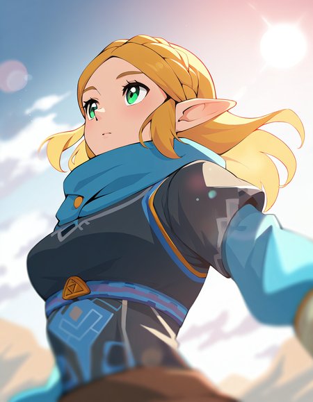 masterpiece, best quality, good quality, newest, the legend of zelda breathe of the wild, breathe of the wild, Zelda, very aesthetic, backlighting, lens flare, (solo focus:1.2),  depth of field, cinematic, 1girl, solo