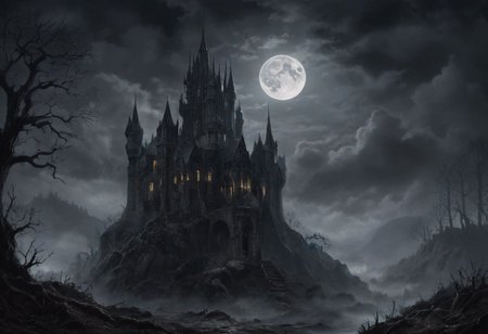 masterpiece of high-contrast shadow and light, a gothic castle sitting on edge of a forbidden mystical forest, moonlight, (fog and moonbeams:1.2), (pure black:1.3), and (darkness:1.3), mysticism, fantasy, gothic horror, glowing flora, magical phenomena, ultra realistic painting, intricate, High Detail, Sharp focus, realism, darkness.