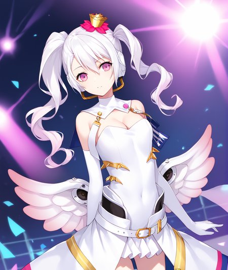 score_9, score_8_up, score_7_up, source_anime,  BREAK
masterpiece, best quality,
1girl, solo, mu (caligula), gradient hair, pink eyes, asymmetrical twintails, mini crown, hair flower, behind-the-head headphones,
elbow gloves, white gloves, strapless leotard, white leotard, white capelet, multicolored ribbon, low wings, gradient wings, white skirt, object in clothes, detached collar, belt, cleavage,
upper body, concert stage
(masterpiece, best quality:1),
<lora:tce-mu.pdxl-000010:1>