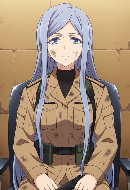 EBAnju, 1girl, solo, long hair, blue eyes, sitting, very long hair, gun, military, mole under eye, military uniform, chair, handgun, holster, dirty, front view, upper body, looking at viewer, 
 <lora:AnjuEmma-10:0.9>, <lora:xl_more_art-full_v1:0.8>