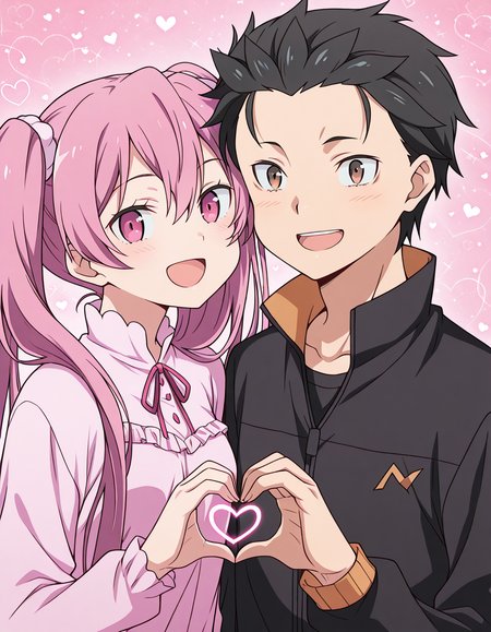 masterpiece, best quality, amazing quality,, <lora:agk-mine-s1-ponyxl-lora-nochekaiser:1>, mine, long hair, twintails, pink hair, pink eyes, mature female, small breasts, anime screencap, <lora:subaru-natsuki-illustriousxl-lora-nochekaiser:1> natsuki subaru, short hair, black hair, brown eyes, spiky hair, 1boy, , <lora:heart-hands-duo-illustriousxl-lora-nochekaiser:1> heart hands duo, heart hands, heart, heads together, cheek-to-cheek, open mouth, smile, hetero