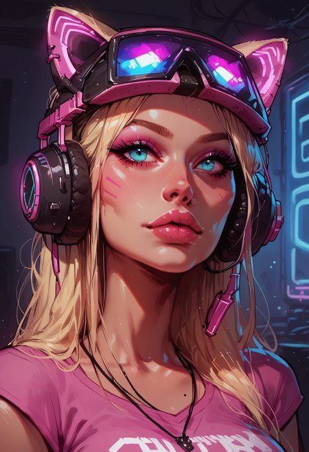 score_9, score_8_up, score_8_up, 1girl, gamer girl, pink T-shirt, blonde hair, (headphones with cat ears), virtual reality helmet,(oculus rift), sexy, nsfw,  neon lights, g0thicPXL, close-up Portrait