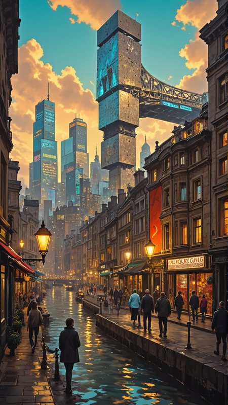 In the style of cubist sculpture, abstract and geometric shapes are translated into three-dimensional, intricately detailed forms,In the heart of London, a surreal scene unfolds before your eyes. Amidst the chaos, Stave off, with its shimmering steel structure looming over a bustling cityscape. The sky is painted in hues of Petrol and Satin Sheets Gold, badge, romantic, luxurious sharp focus, background inspired, deep rich colors, <lora:zyd232_Ink_Style_Flux1D_v1_1:.5>,zydInk, <lora:Dark_and_Colorful_FLUX_OT:.5>,ffdac